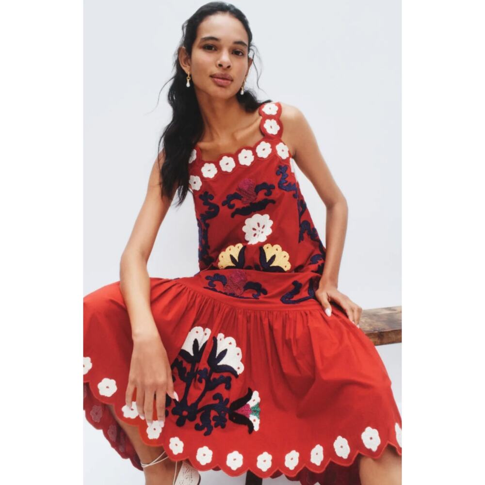 Sea New York Red Floral Embroidered Midi Dress